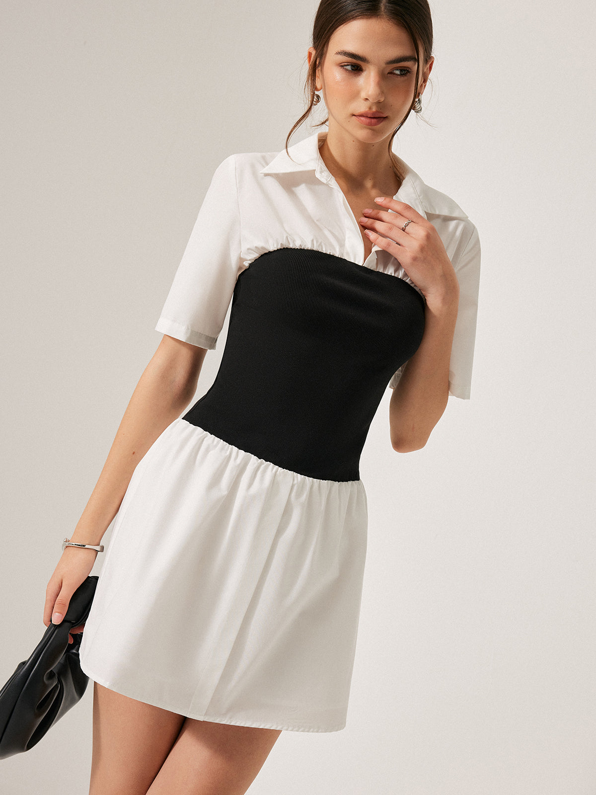 2 in 1 Panel Decor Button Lapel Shirt Dress