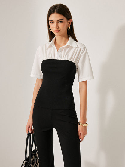 2 in 1 Panel Decor Button Lapel Blouse