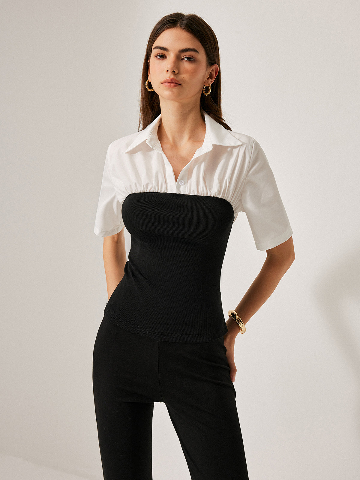 2 in 1 Panel Decor Button Lapel Blouse