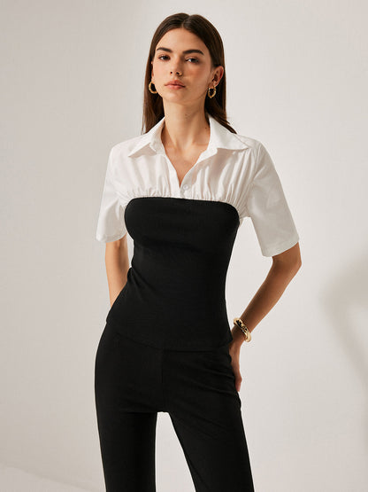 2 in 1 Panel Decor Button Lapel Blouse