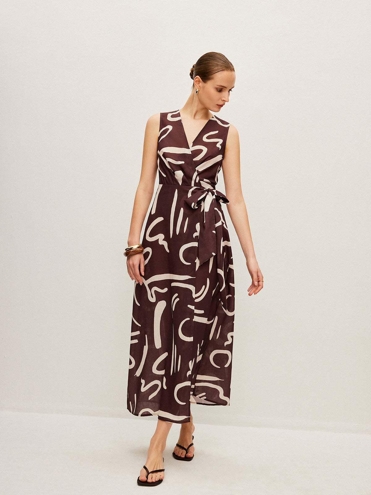 Abstract Print Wrap Dress With Tie Waist
