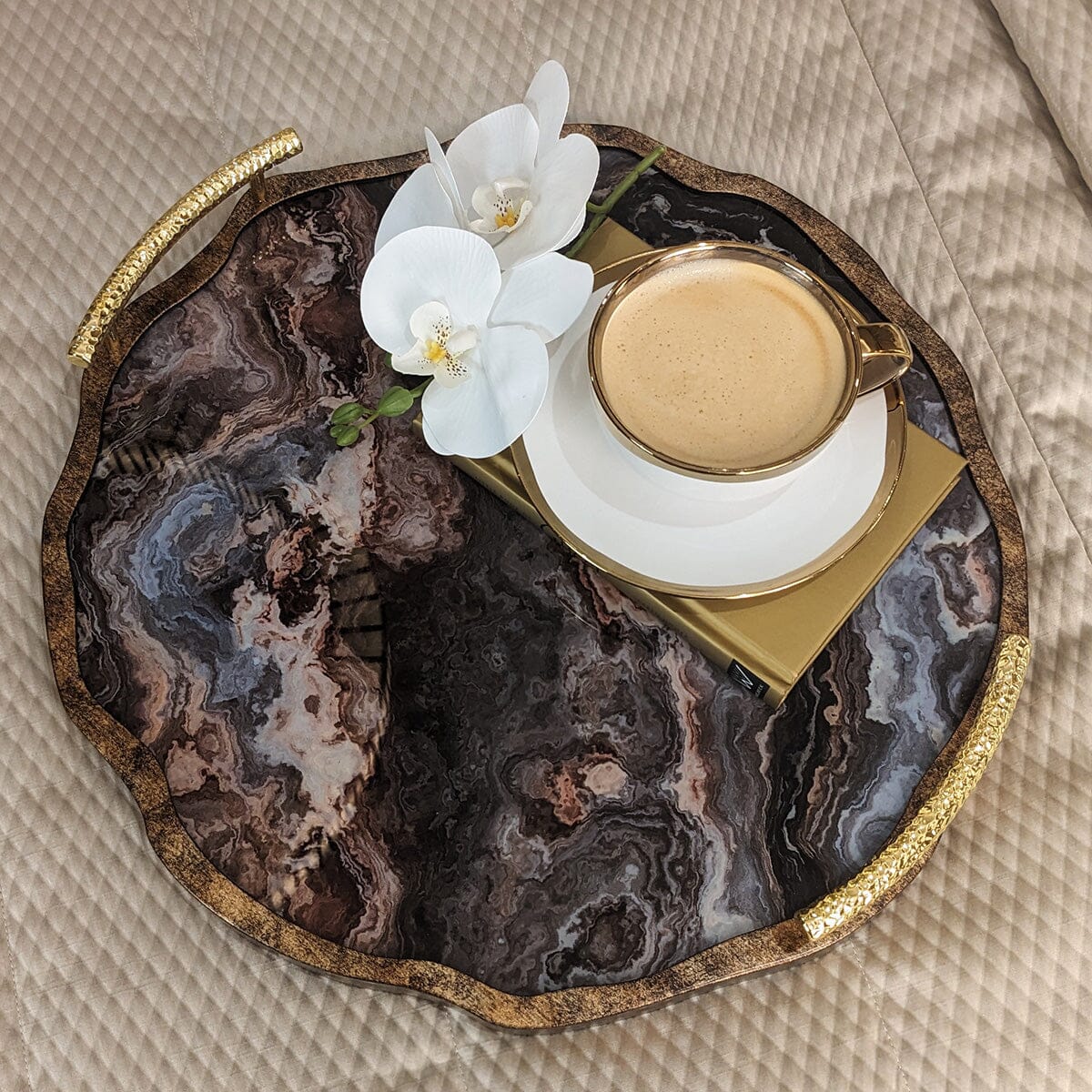 Amaretti Marble Effect Abstract Tray with Gold Handles