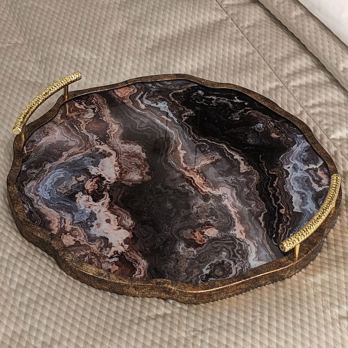 Amaretti Marble Effect Abstract Tray with Gold Handles