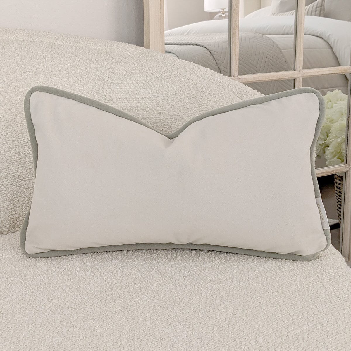 Ari Cream Velvet Cushion with Sage Green Piping - 30x50cm