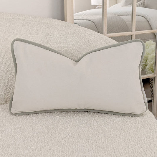 Ari Cream Velvet Cushion with Sage Green Piping - 30x50cm