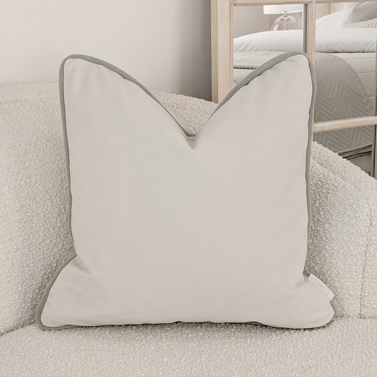 Ari Cream Velvet Cushion with Sage Green Piping - 50x50cm