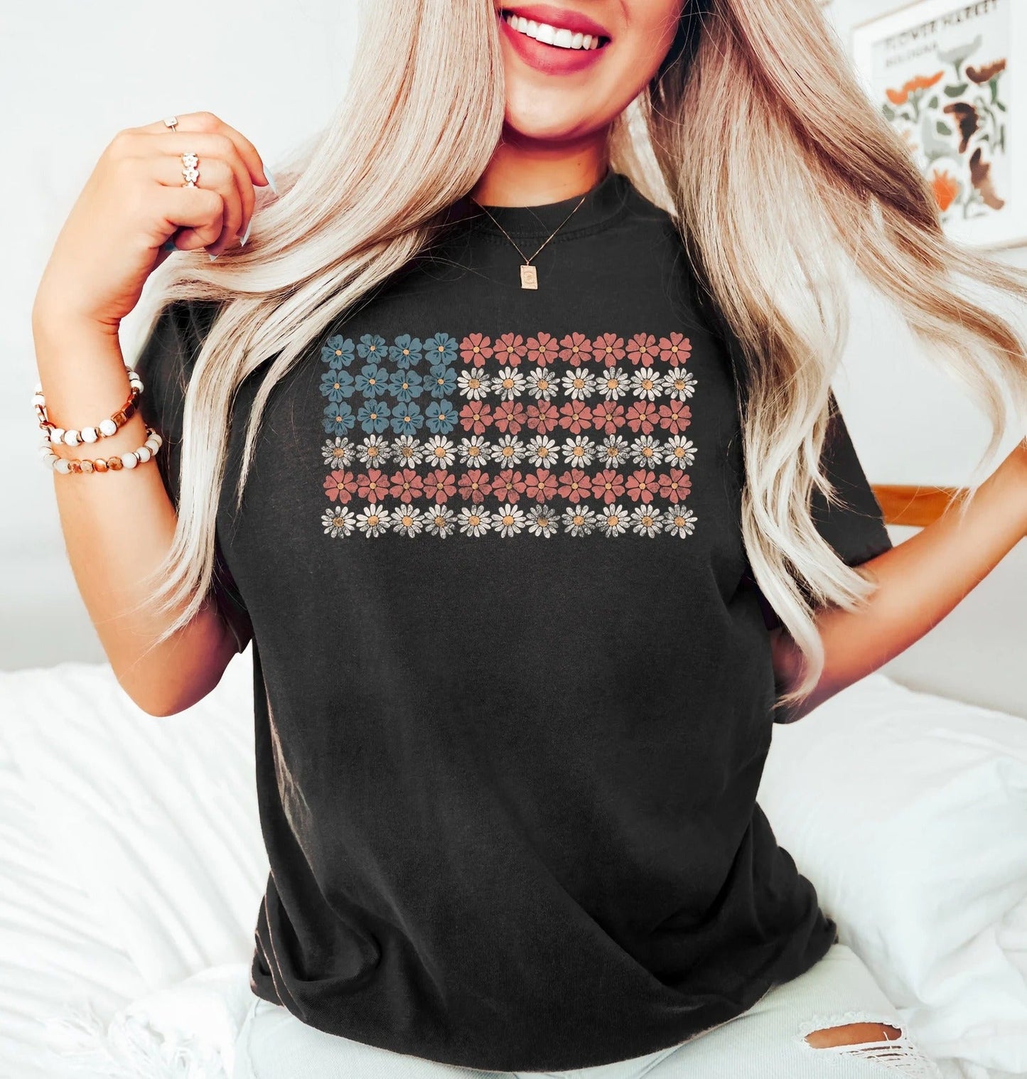 American Flag RWB Floral T-Shirt