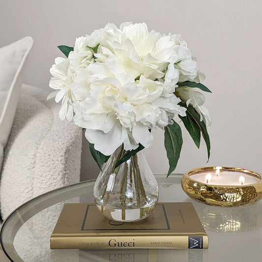 White Faux Peony & Gerbera Florals in Vase